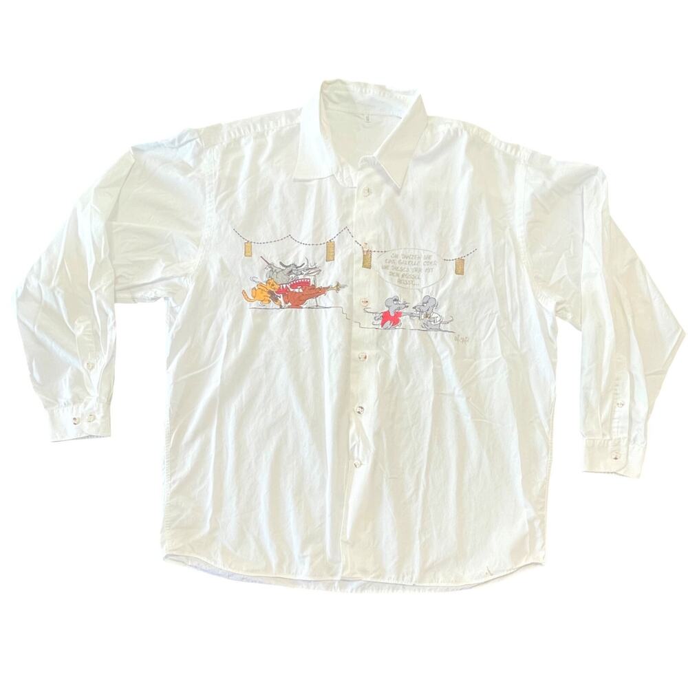 Votum Jacques Britt White Embroidered Cartoon Button Shirt 17 3/4 x 45